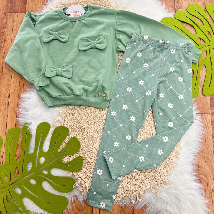 Conj. Blusão de Moletom 3 Laços e Calça Legging Florzinhas - Verde